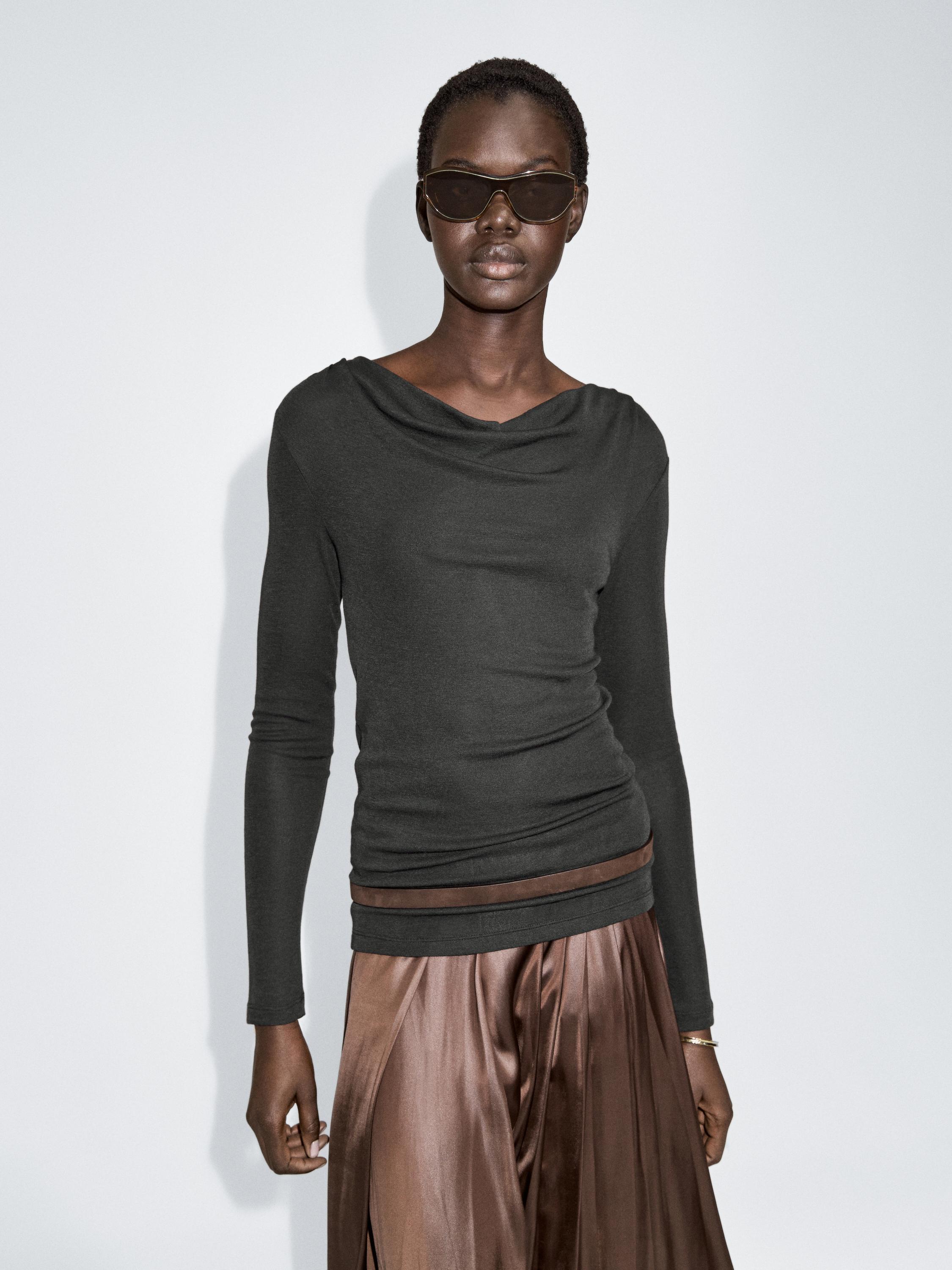 Long sleeve T-shirt with draped neckline